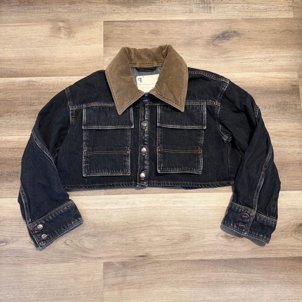 Pilcro Cropped Denim Barn Jacket Corduroy Collar Washed Black Womens XS